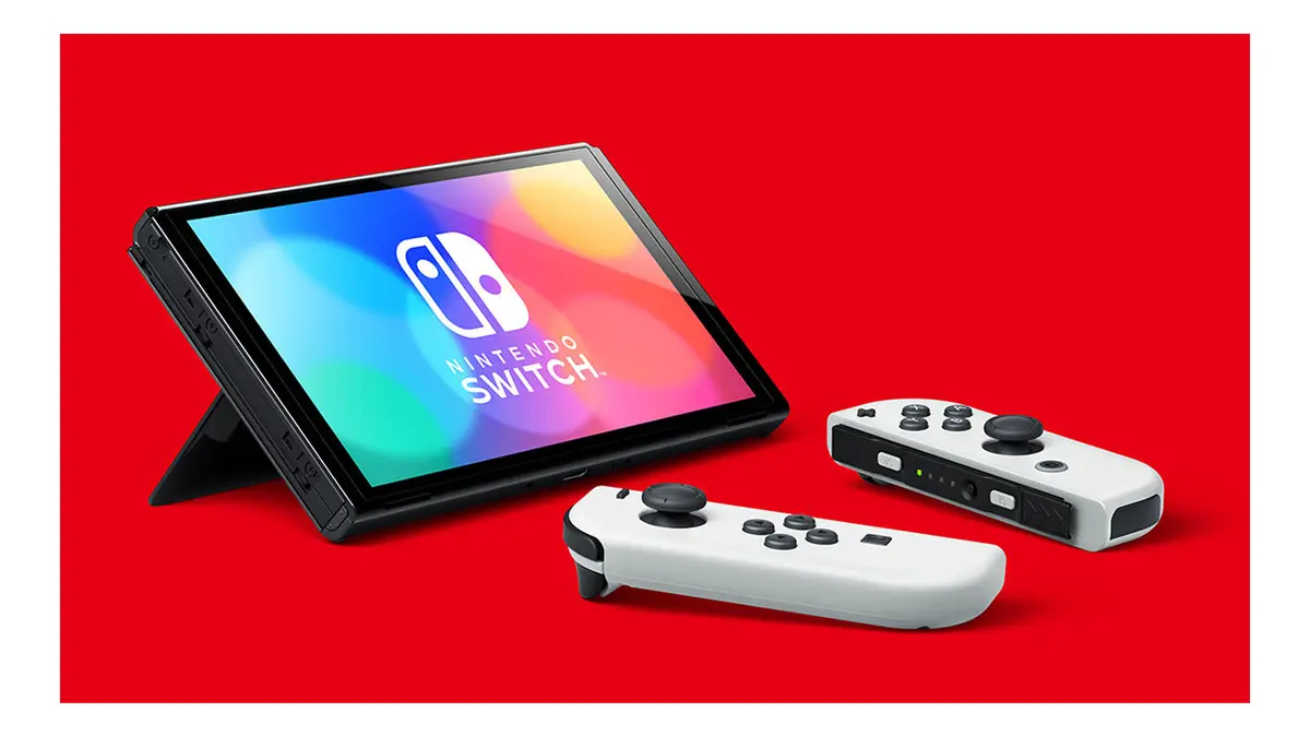 Nintendo Switch OLED - Consola en modo sobremesa con Joy-Con blancos