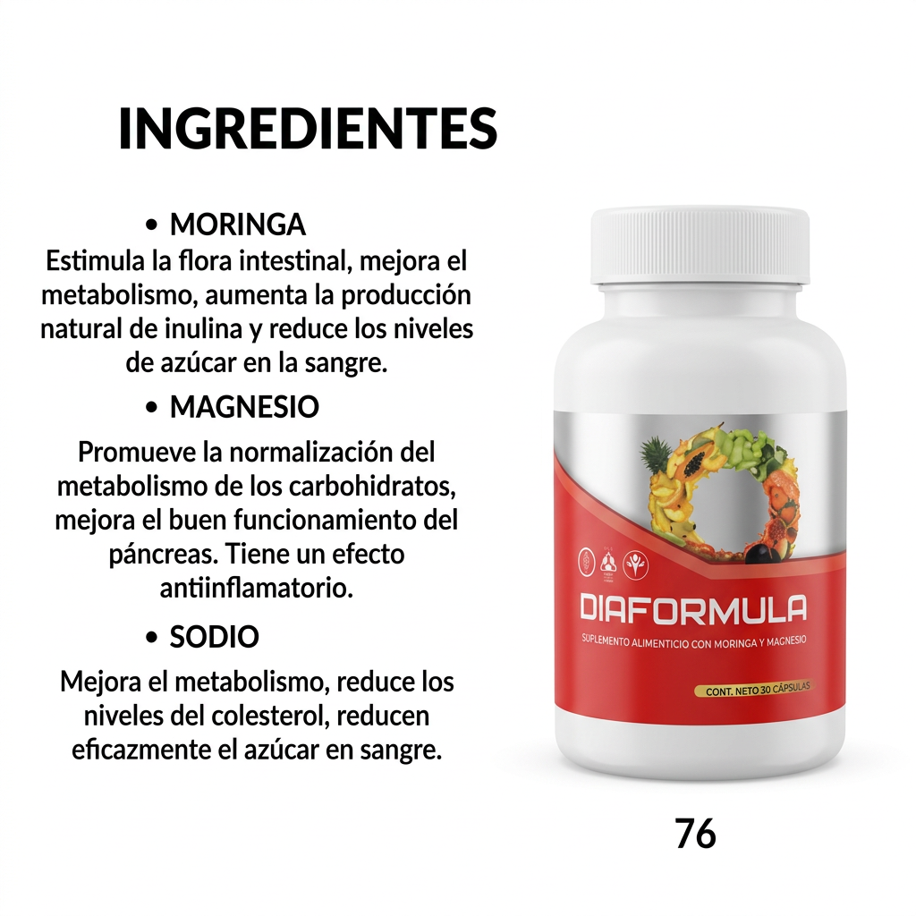 Diaformula ingredientes: Moringa, Magnesio y Sodio con descripción de beneficios