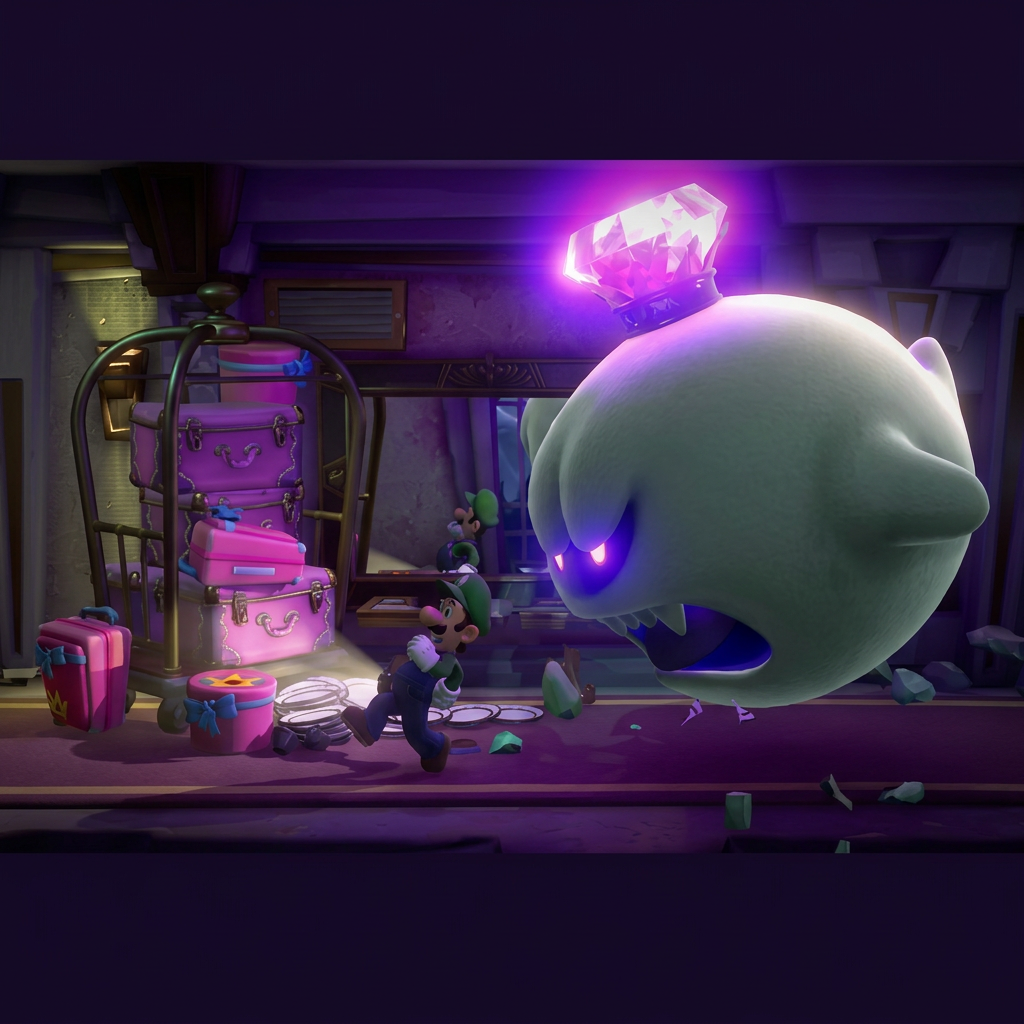 Luigi enfrentando un gran fantasma en Luigi's Mansion 3