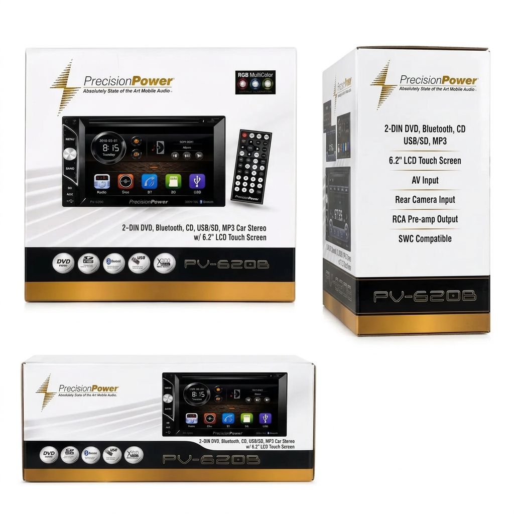 Precision Power PV-620B - Vistas de caja frontal, lateral y pantalla FM