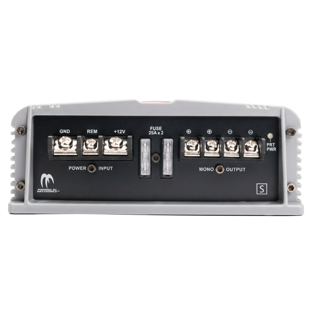 Crunch SA-1100.1 - Panel de alimentación: GND, REM, +12V, FUSE 25Ax2, salida MONO