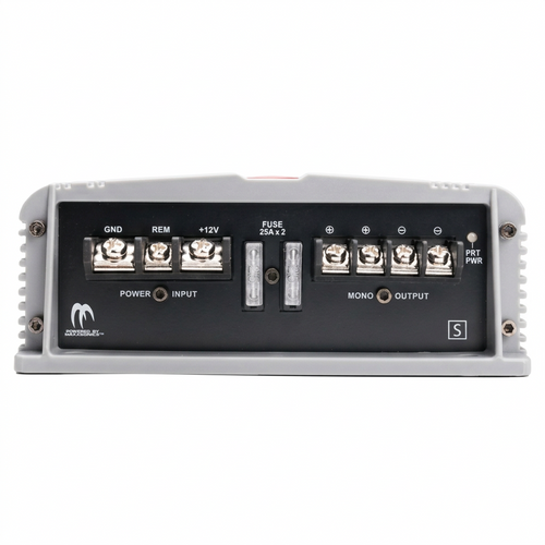 Crunch SA-1100.1 - Panel de alimentación: GND, REM, +12V, FUSE 25Ax2, salida MONO