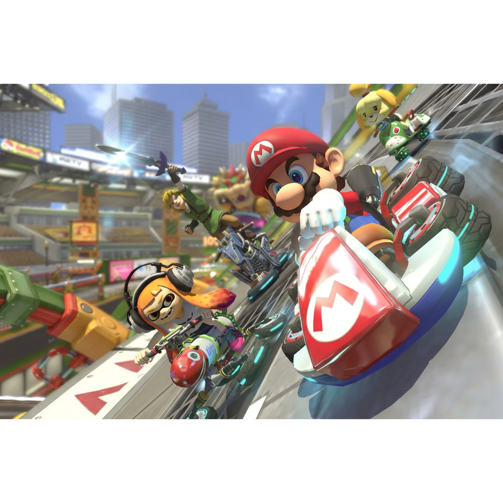 Mario Kart 8 Deluxe - gameplay Mario y personajes en pista urbana