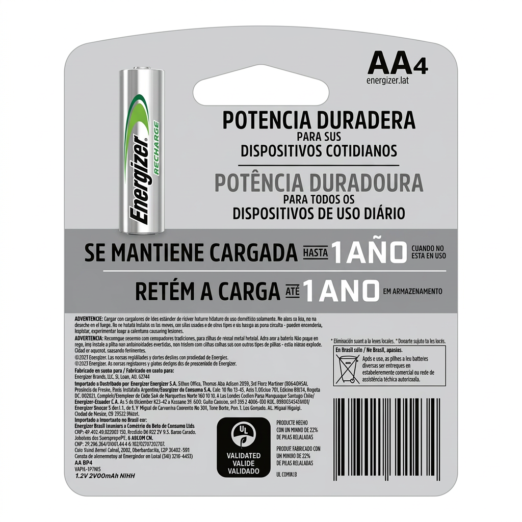 Pilas Recargables Energizer AA Pack 4 - Reverso