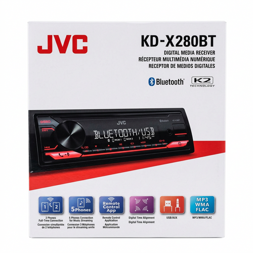 JVC KD-X280BT - Vista frontal con arnes y micrófono