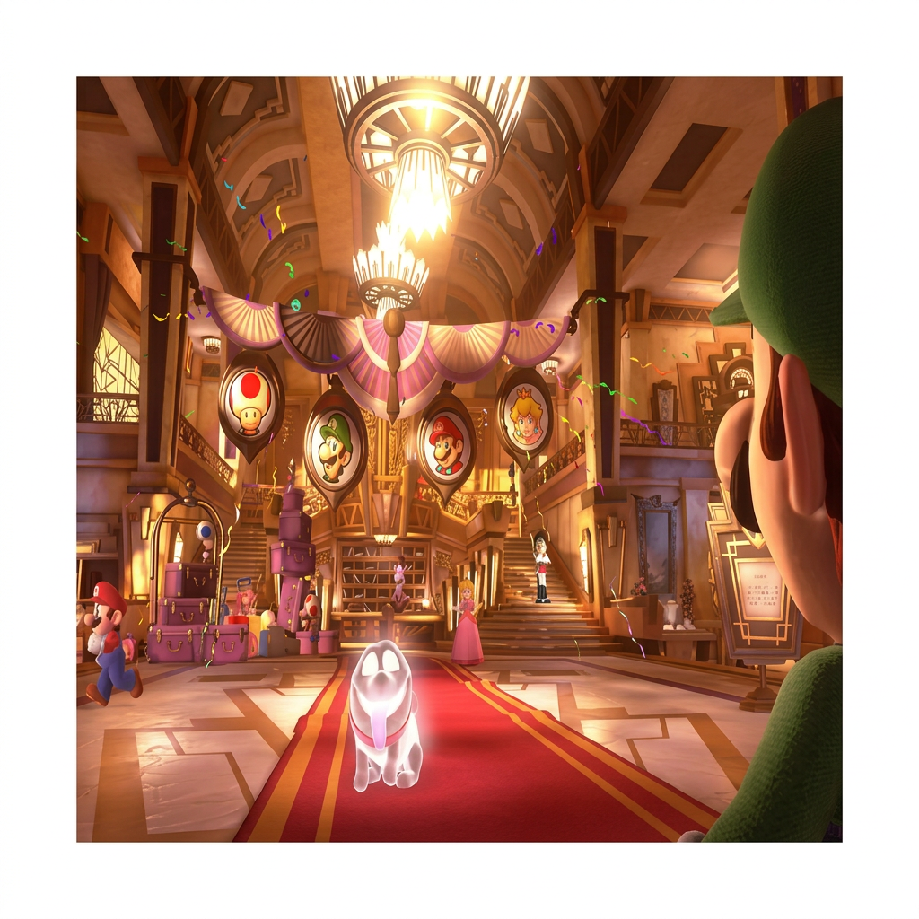 Gran salón del hotel en Luigi's Mansion 3