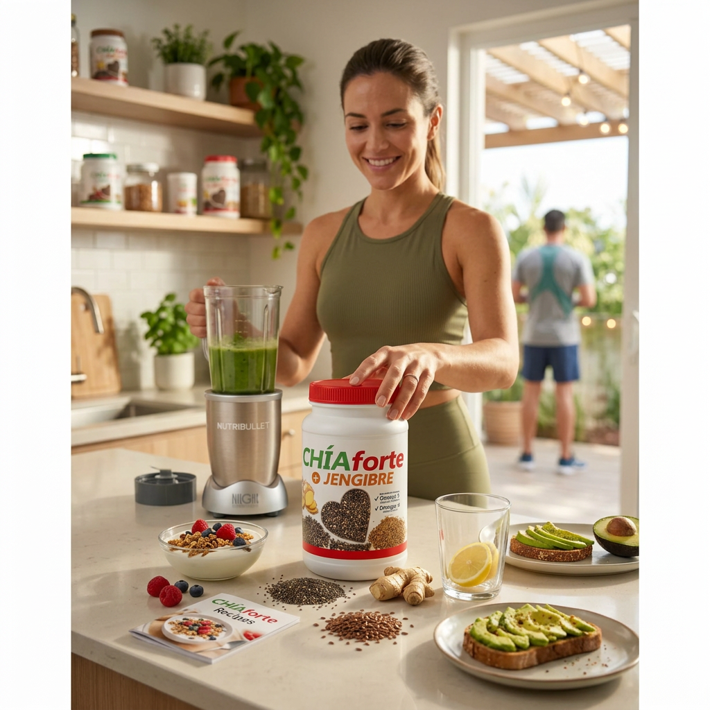 Mujer preparando smoothie con Chía Forte + Jengibre en cocina saludable
