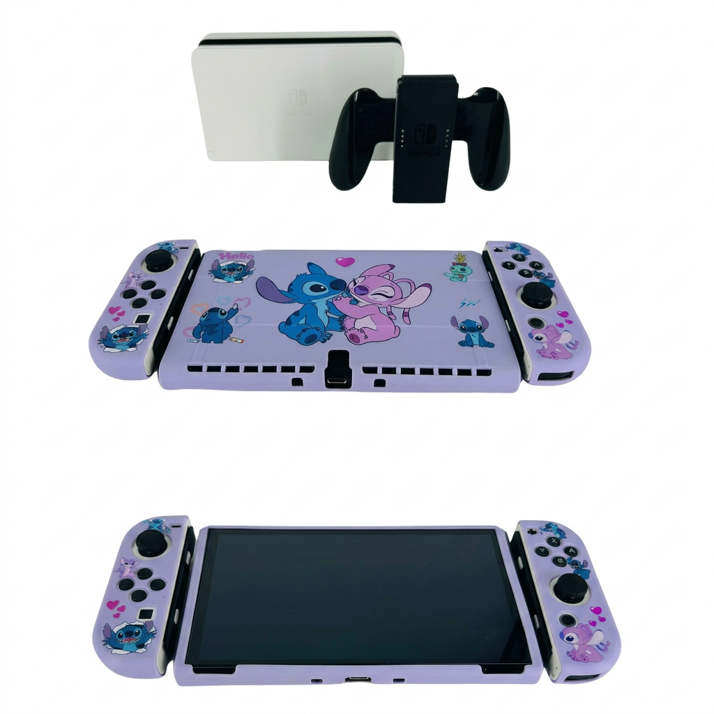 Funda Stitch para Nintendo Switch OLED - diseño lila con Stitch y Angel