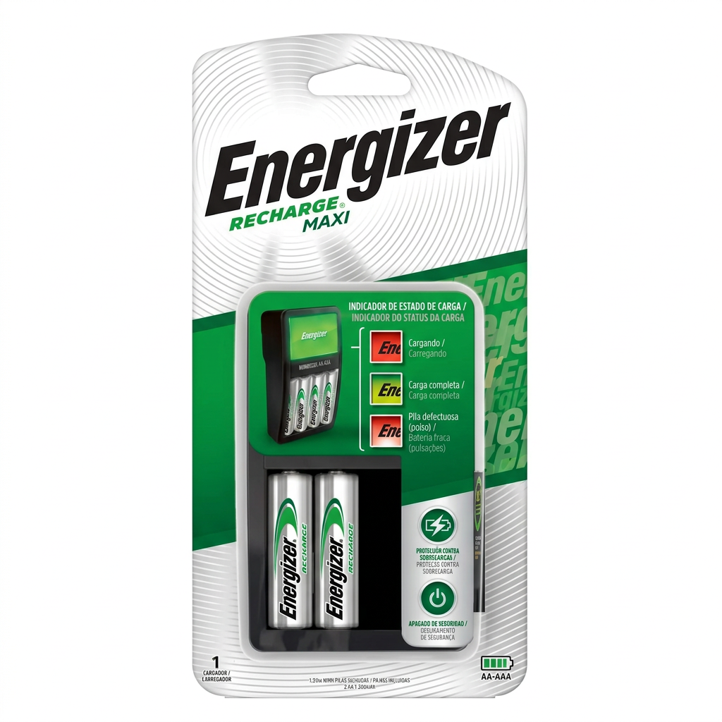 Cargador Energizer Recharge Maxi - empaque frontal con 2 pilas AA