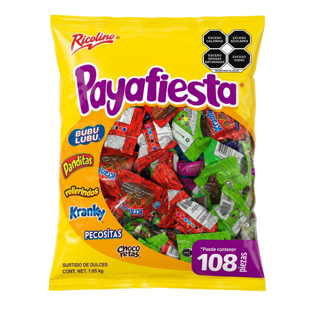 Payafiesta Ricolino bolsa amarilla surtido de dulces 108 piezas 1.65 kg