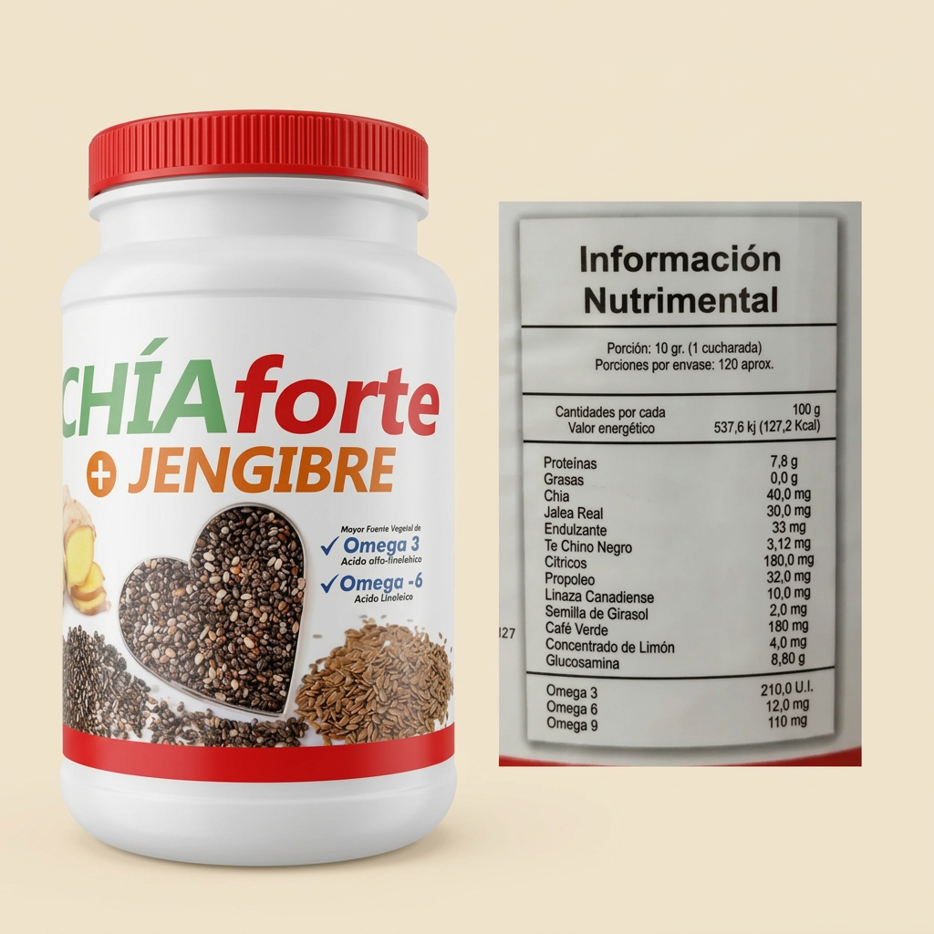 Chía Forte + Jengibre con tabla de información nutrimental