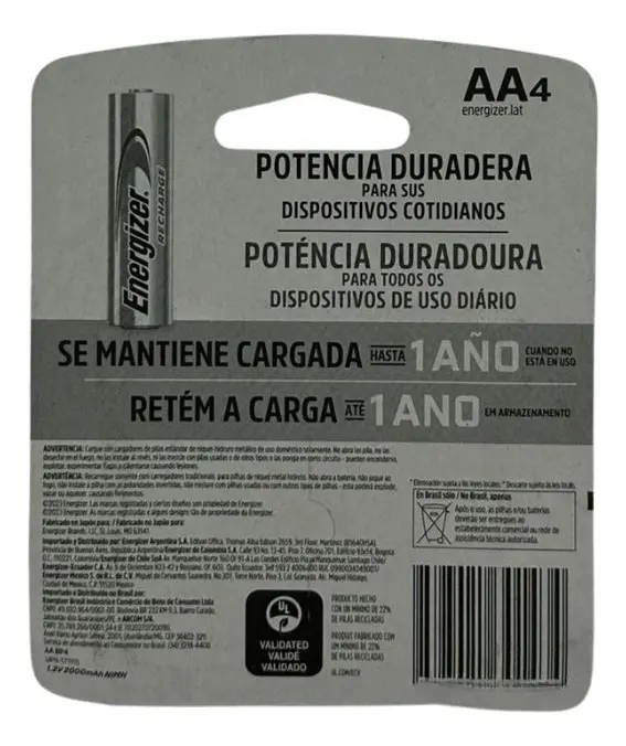 Baterías AA Energizer Recharge Universal - Empaque trasero con especificaciones