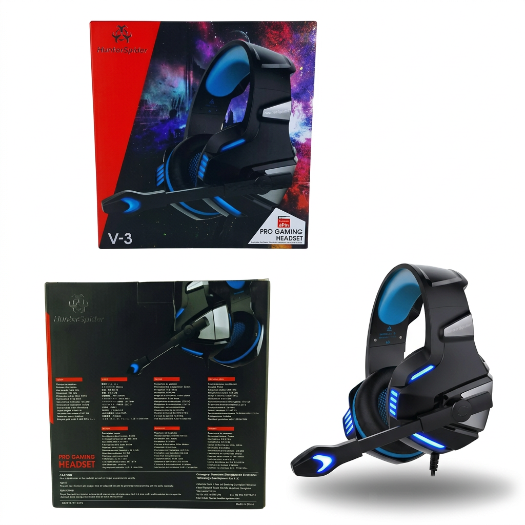 Hunterspider V-3 Pro Gaming Headset Negro Azul - caja frontal, reverso y headset iluminado