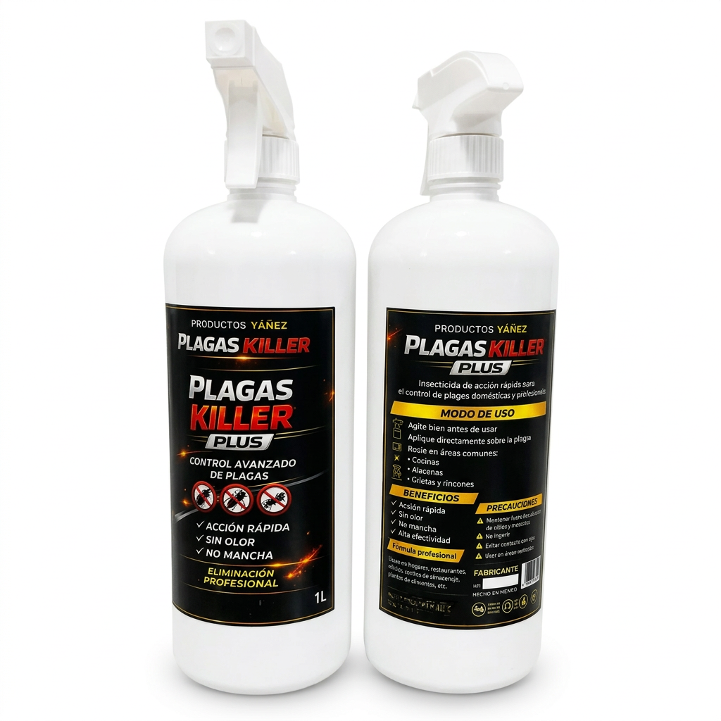 Plagas Killer Plus 2 botellas 1L con atomizador - frente y reverso