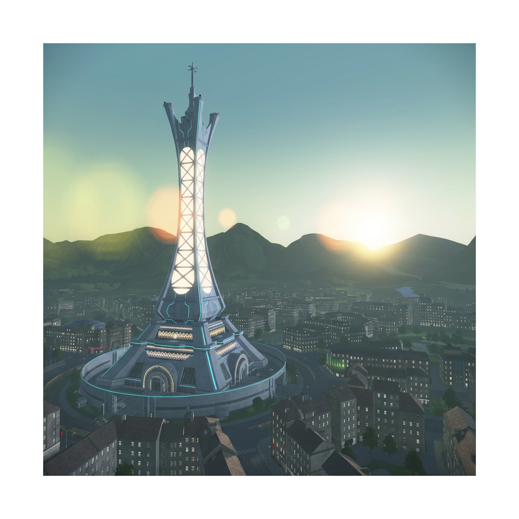 Pokémon Legends Z-A - Torre Prism de Lumiose City al atardecer