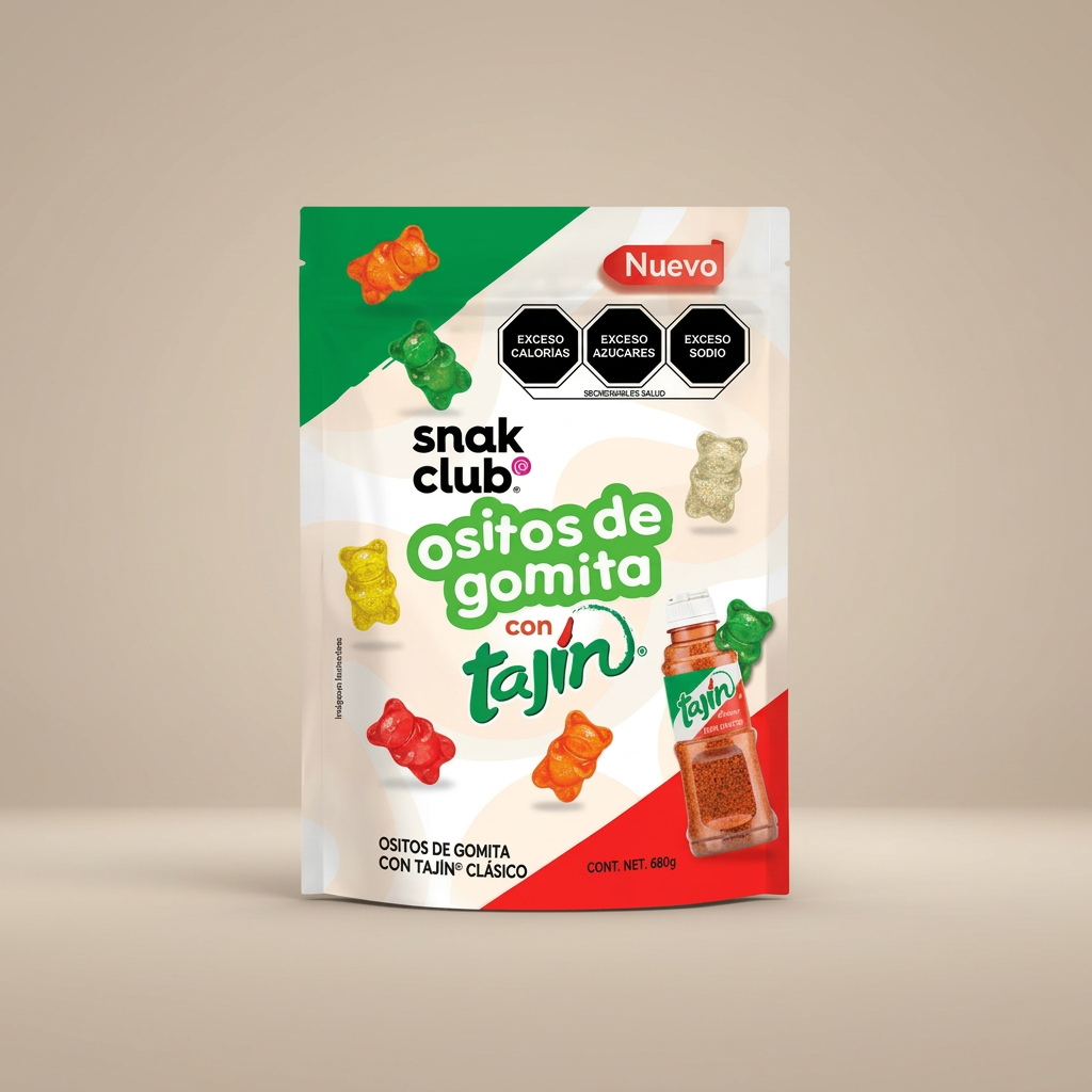 Snak Club Ositos de Gomita con Tajín - Empaque sobre fondo beige