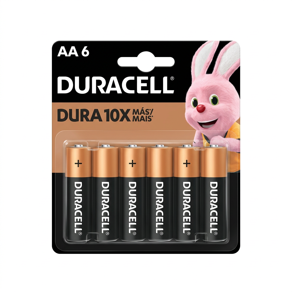Pilas Alcalinas Duracell AA paquete 6 piezas — frente Dura 10x Más