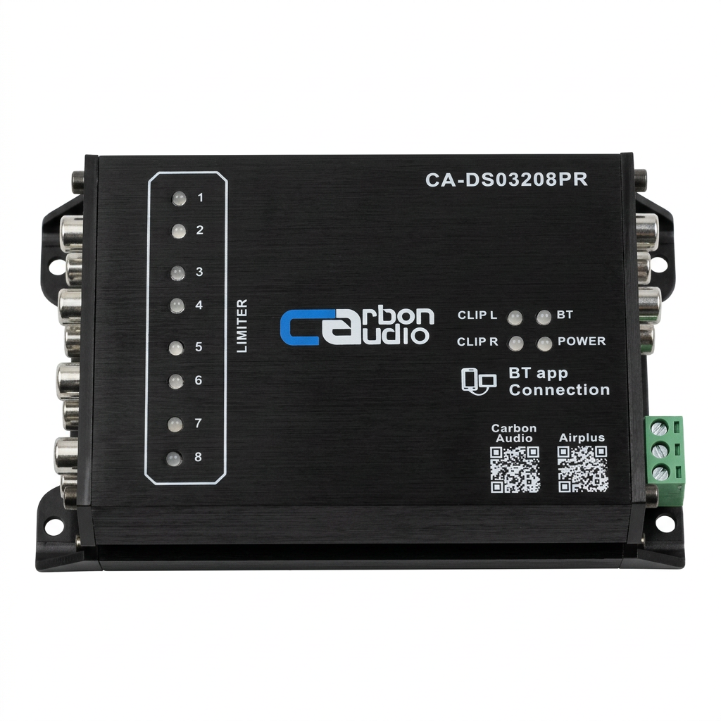 Carbon Audio CA-DS03208PR - Vista superior con logo y conexión BT app