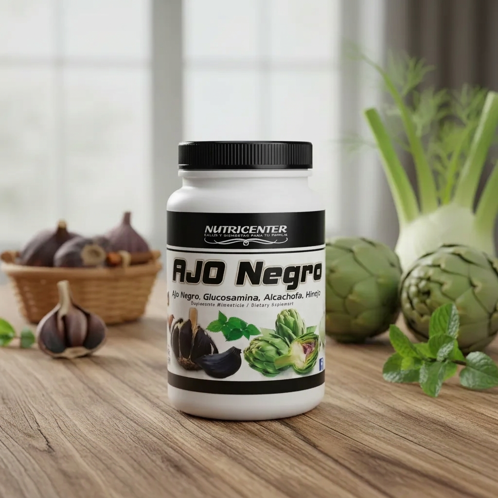Ajo Negro Nutricenter lifestyle sobre mesa de madera con ingredientes