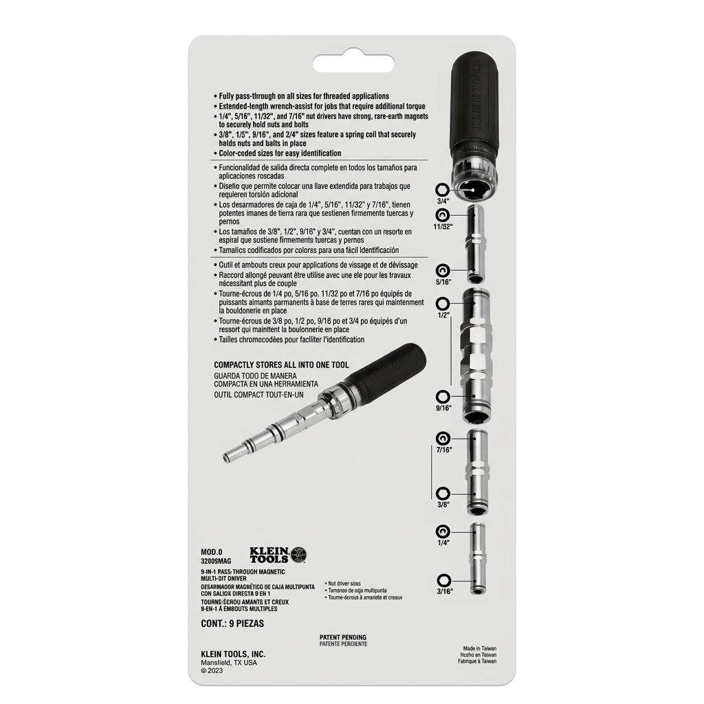 Klein Tools 32809MAG - reverso con especificaciones y tamaños SAE