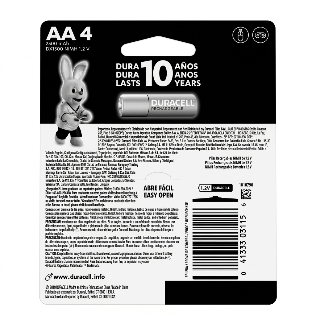 Duracell AA Recargables x4 - Reverso con especificaciones