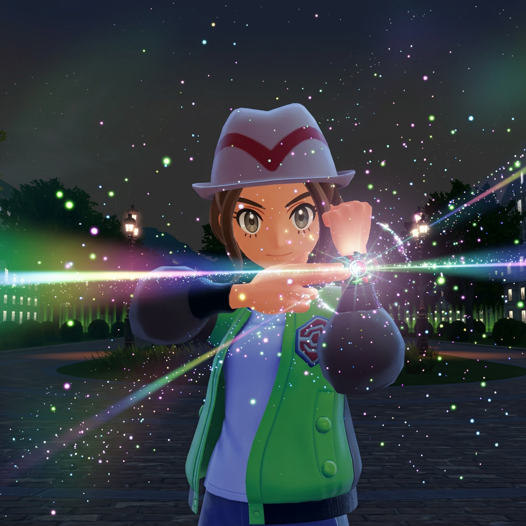 Pokémon Legends Z-A - entrenadora lanzando Poké Ball nocturno