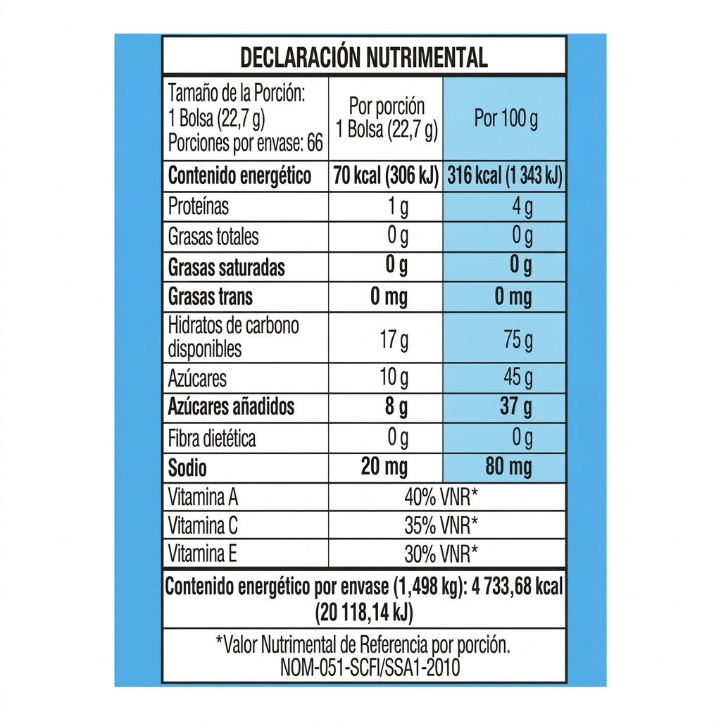 Welch's Fruit Snacks - Tabla nutrimental por porción y por 100g
