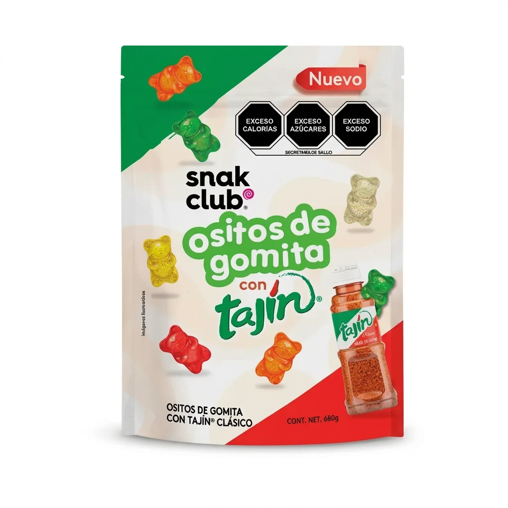 Snak Club Ositos de Gomita con Tajín - Empaque sobre mesa de madera