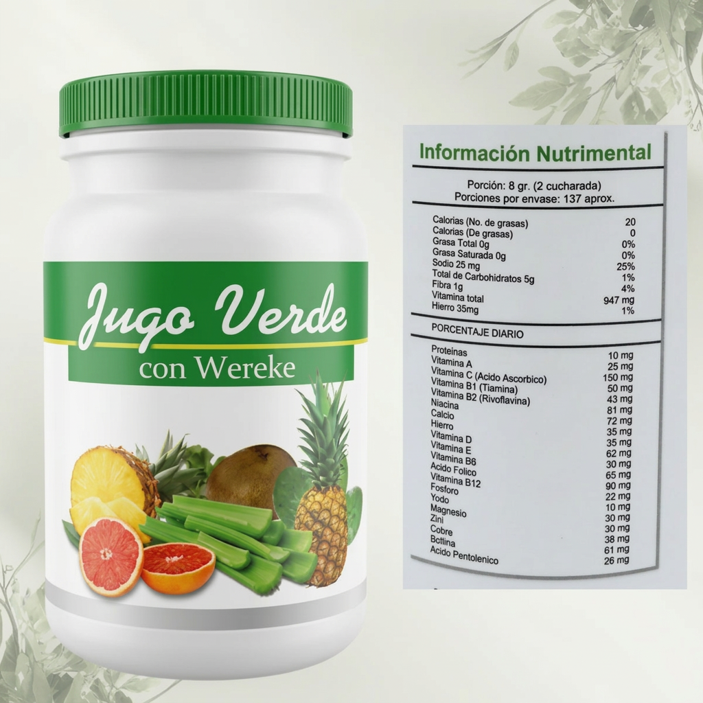 Jugo Verde con Wereke - Frasco con tabla de información nutrimental completa
