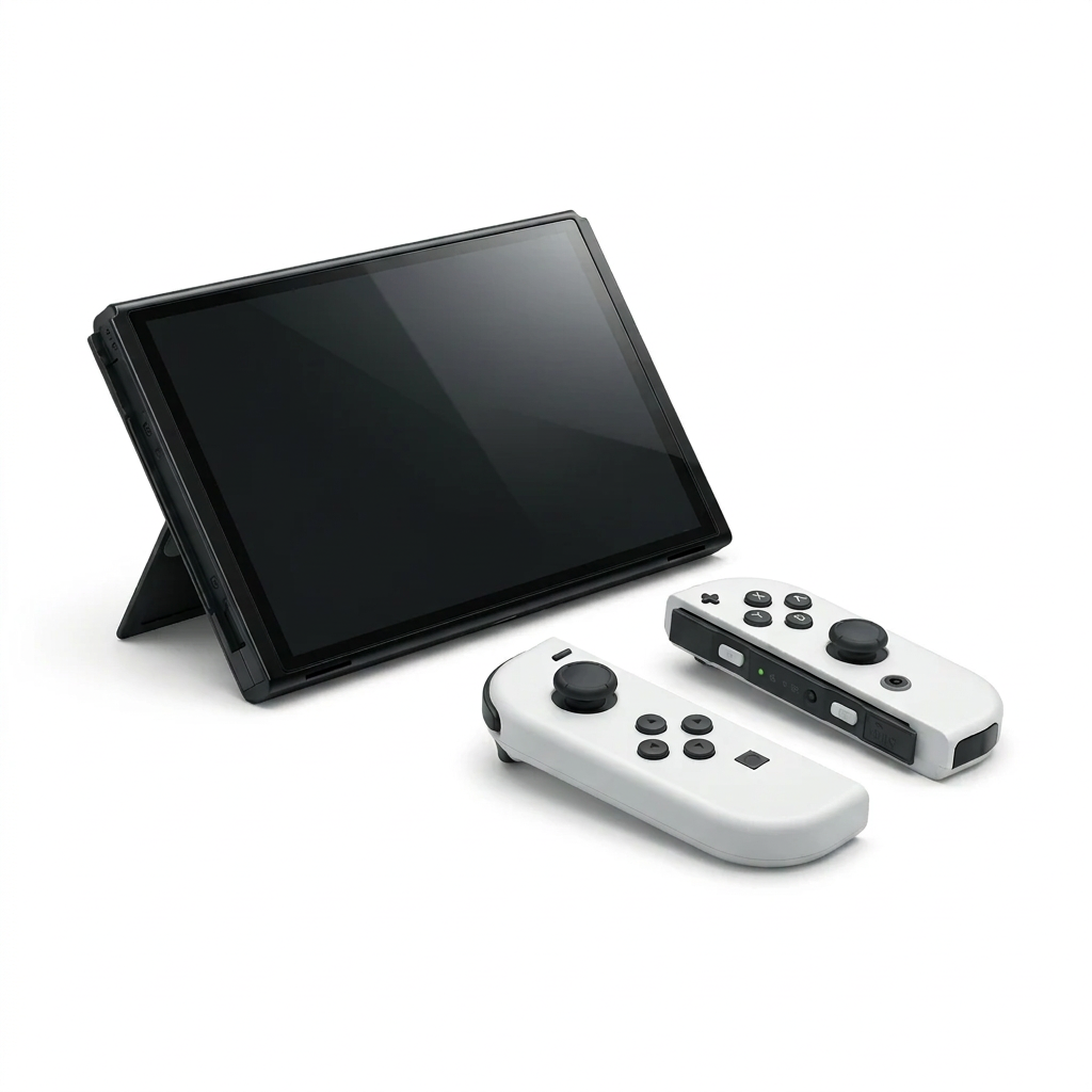 Nintendo Switch OLED en modo sobremesa con Joy-Con blancos separados