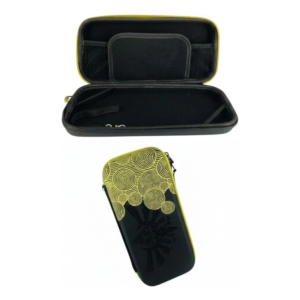 Estuche Zelda Switch abierto mostrando interior con bolsillo malla y vista lateral