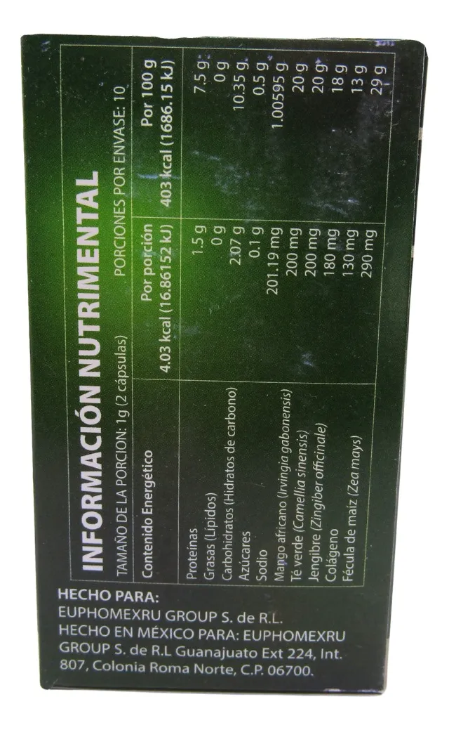 Parablast tabla nutrimental — Mango africano, Té verde, Jengibre, Colágeno