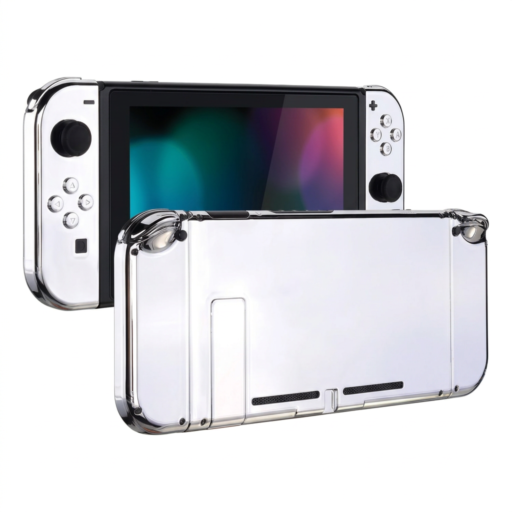 Funda crystal clear instalada en Nintendo Switch — vista frontal y trasera