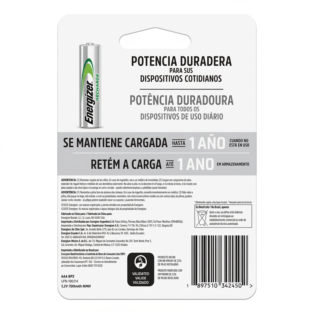 Energizer Recharge Universal AAA - Reverso especificaciones y potencia duradera