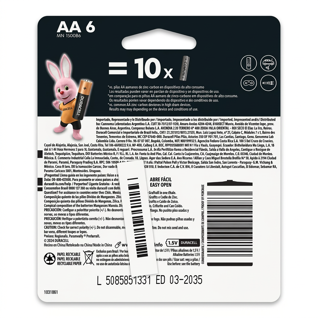 Pilas Alcalinas Duracell AA paquete 6 — parte trasera con especificaciones y vencimiento 2035