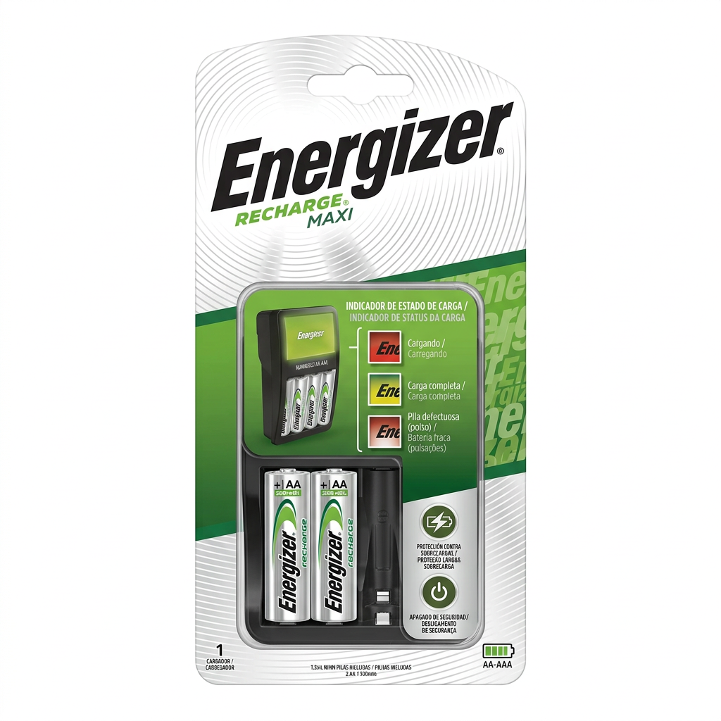 Cargador Energizer Recharge Maxi - empaque completo con pilas