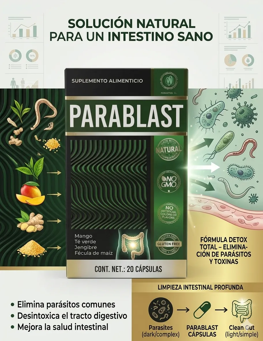 Parablast infografía — Solución natural para intestino sano, elimina parásitos y toxinas