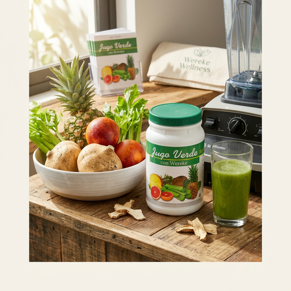 Jugo Verde con Wereke - Frasco en mesa rústica con ingredientes frescos y vaso de jugo verde