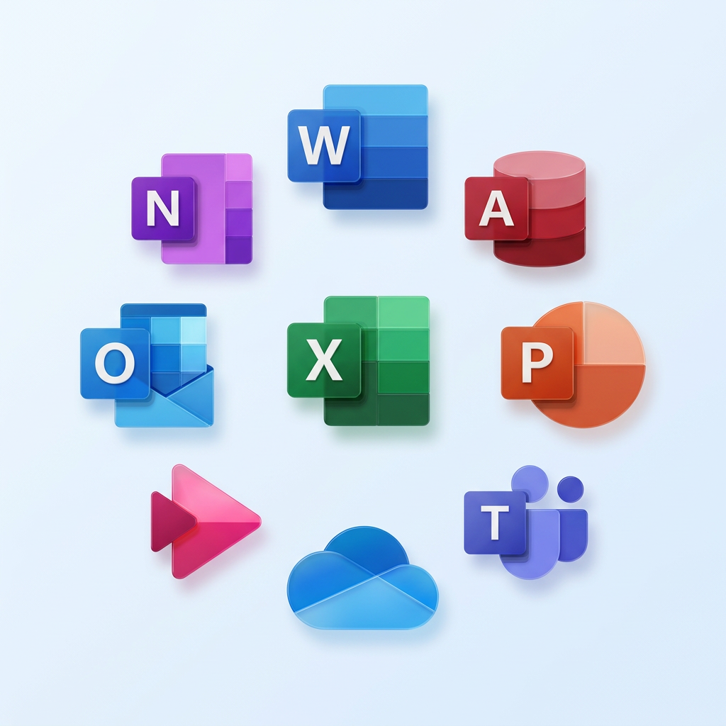 Microsoft 365 - Iconos de apps: Word, Excel, PowerPoint, Outlook, Teams