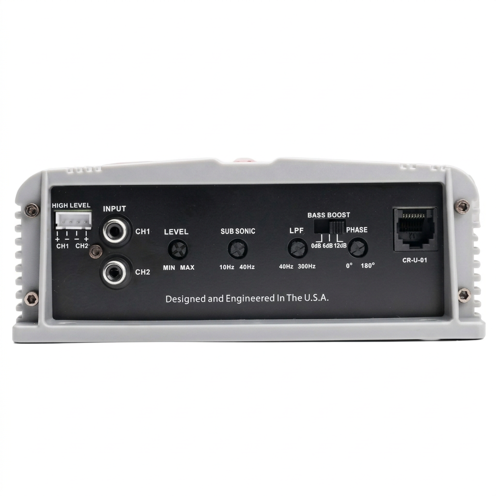 Crunch SA-1100.1 - Panel de control: HIGH LEVEL, CH1/CH2, LEVEL, SUB SONIC, LPF, BASS BOOST, PHASE, CR-U-01
