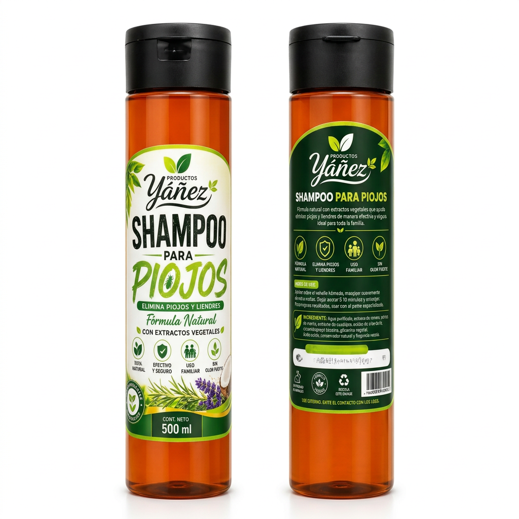 Shampoo para Piojos Yáñez 500ml — frente y trasera con ingredientes