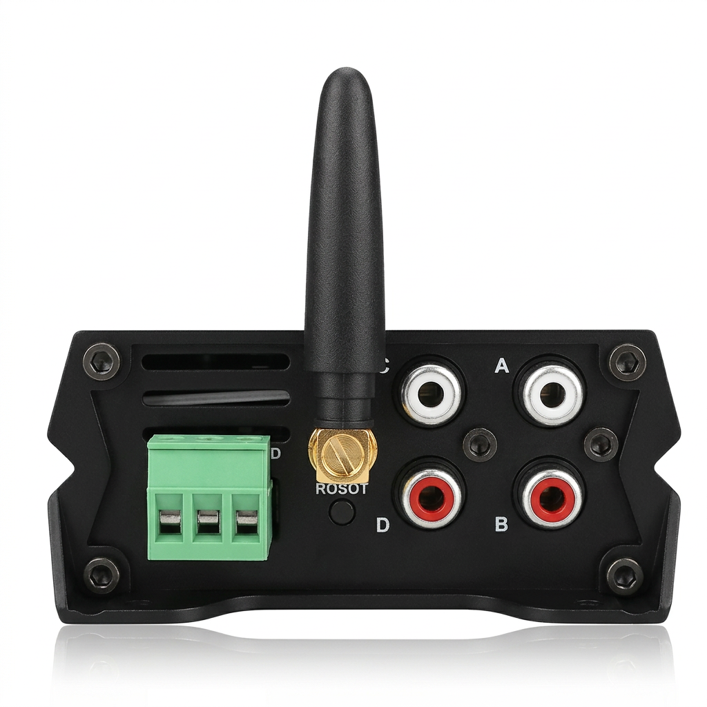 Carbon Audio CA-DS03208PR - Vista trasera con antena Bluetooth y entradas RCA