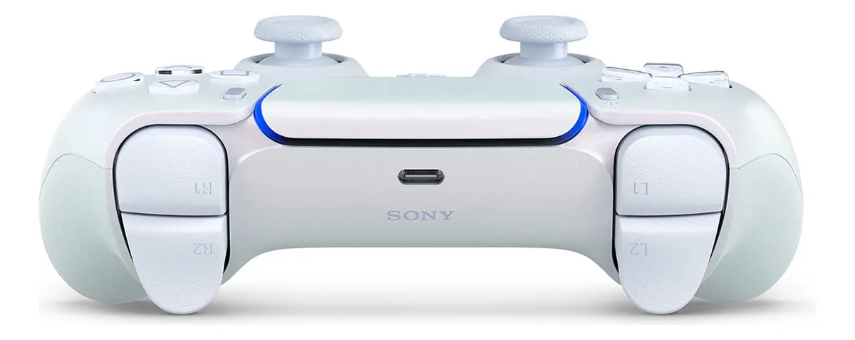 DualSense Chroma Pearl - vista superior con barra de luz azul