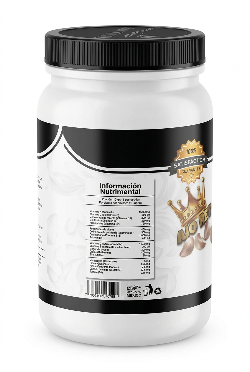 Ajo Negro Nutricenter parte trasera — tabla nutrimental y precio máximo