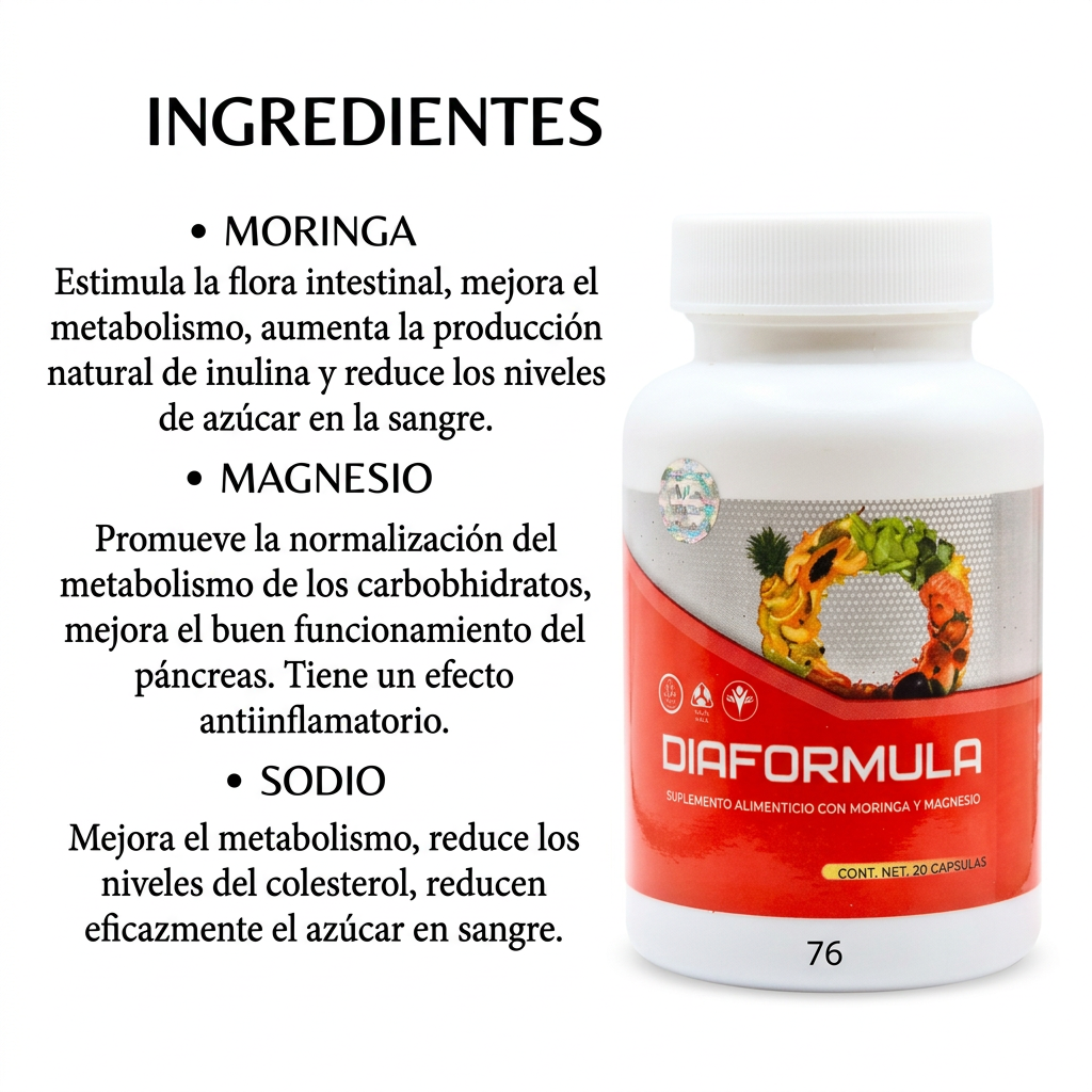Diaformula ingredientes: Moringa, Magnesio y Sodio con descripción de beneficios