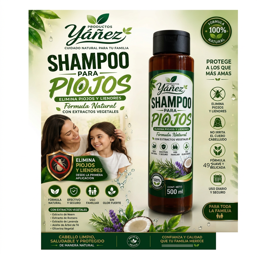 Shampoo para Piojos Yáñez — infografía con beneficios, extractos vegetales y uso familiar