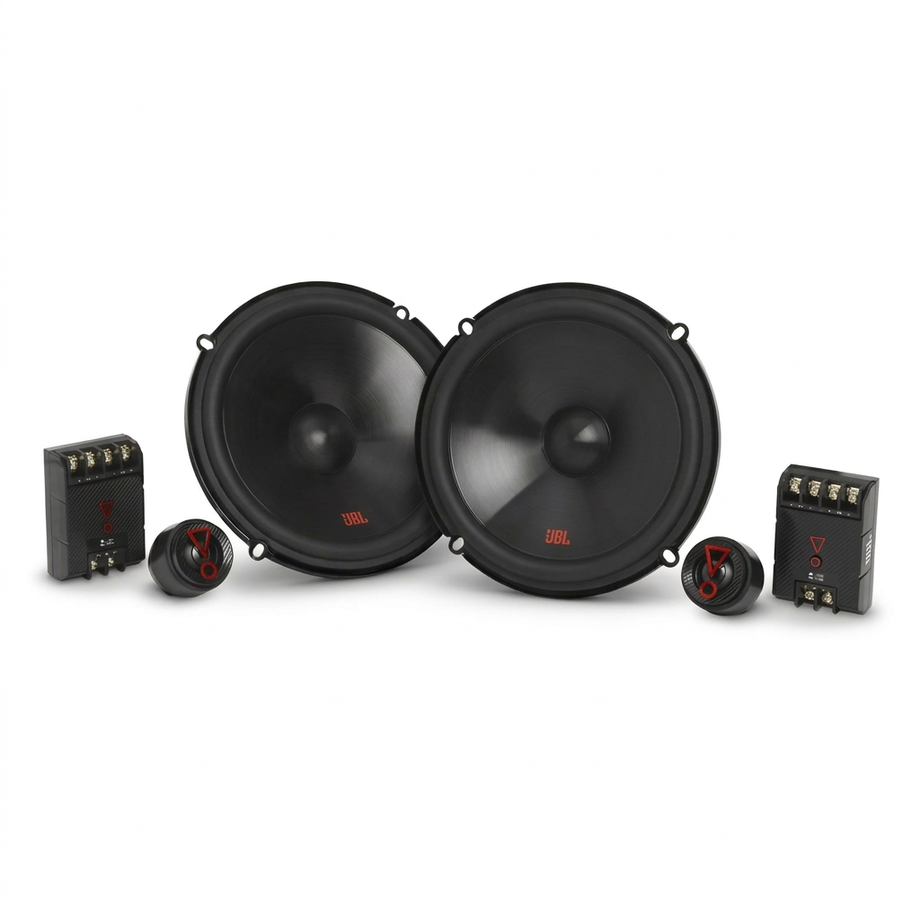 JBL Stage3 607CF - Vista frontal del par de woofers con tweeters y crossovers