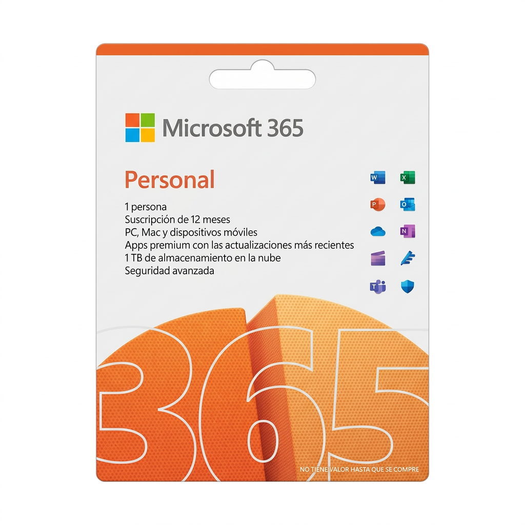 Microsoft 365 Personal - Caja tarjeta frontal con apps incluidas