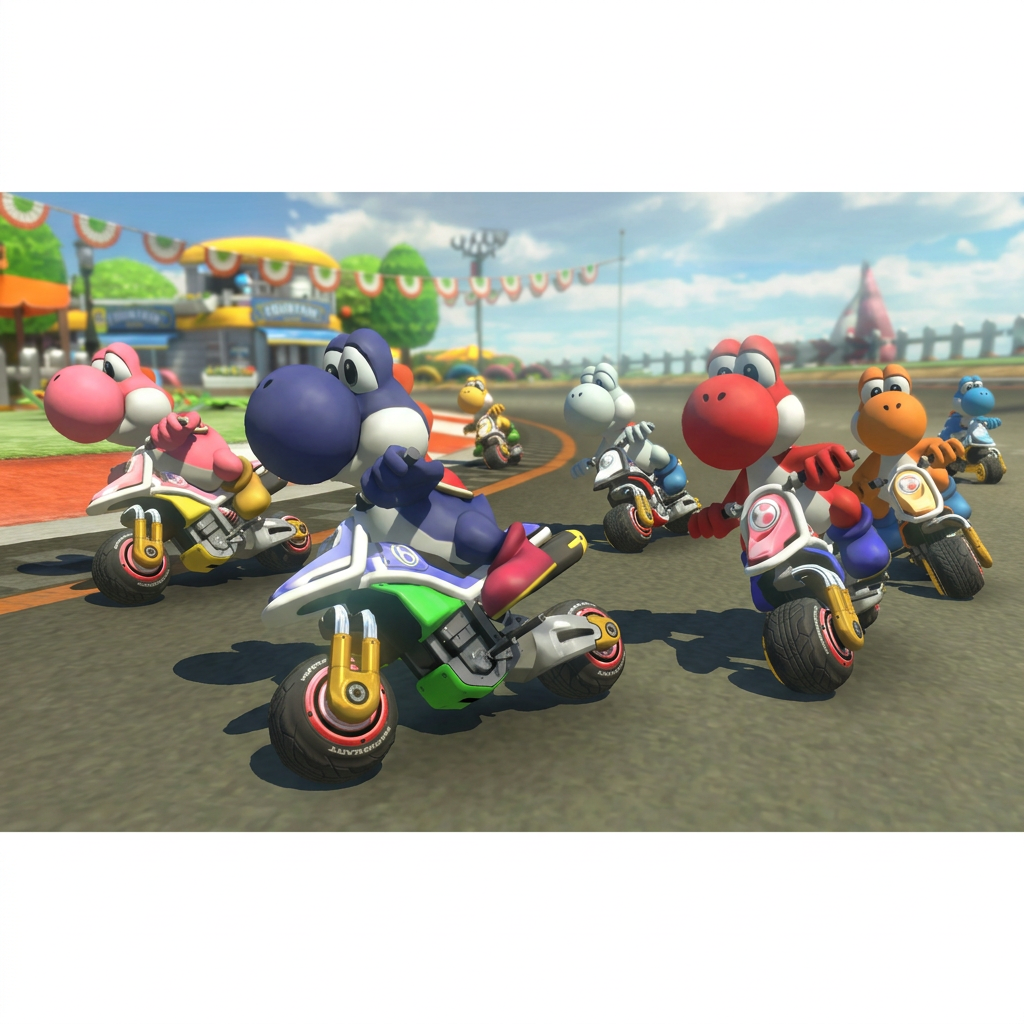 Mario Kart 8 Deluxe - gameplay Yoshi y personajes en moto