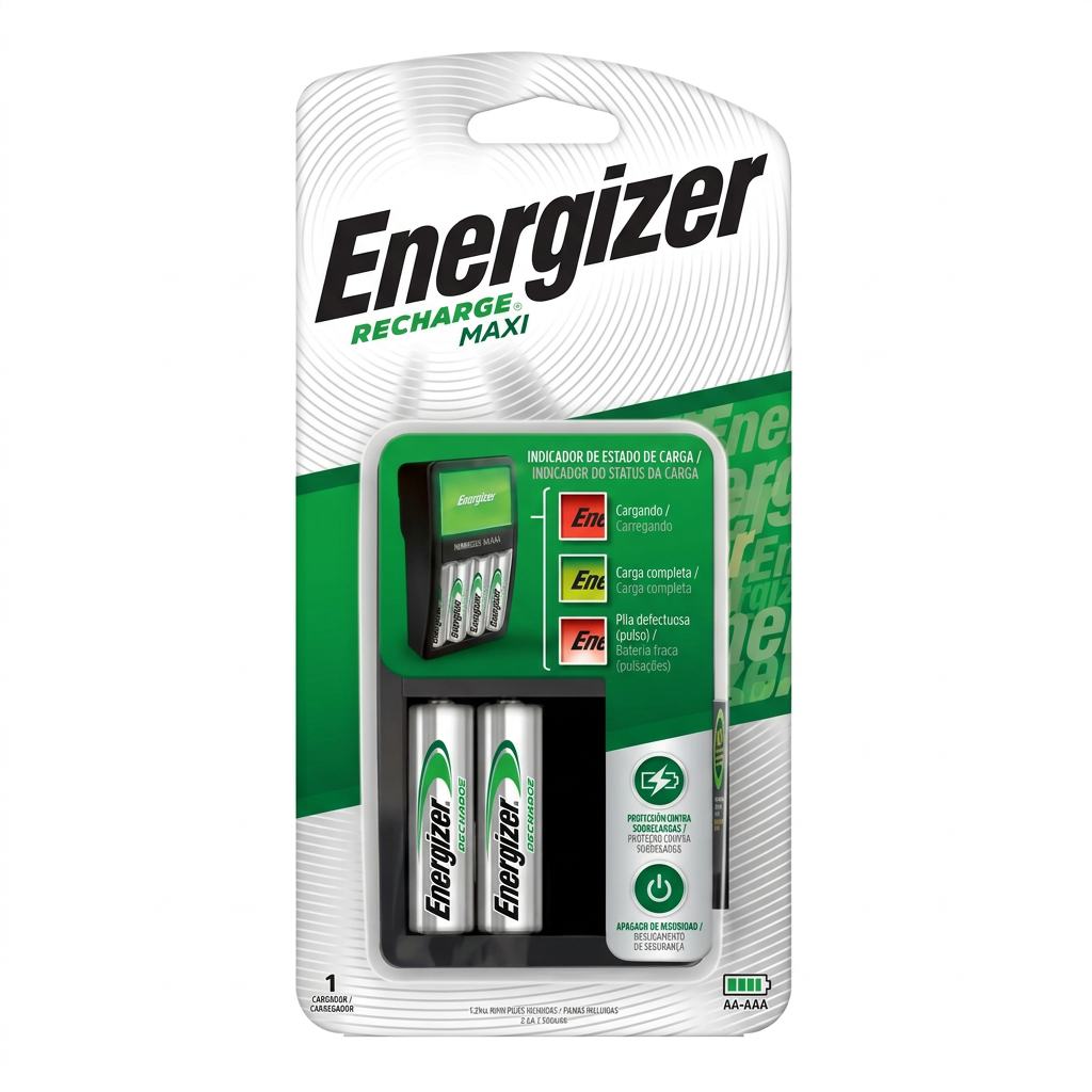 Cargador Energizer Recharge Maxi - Empaque frontal con 2 pilas AA